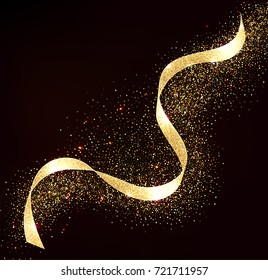 Abstract Gold Strip Design. Shiny Golden Moving Ribbon Design Element With Glitter Effect On Dark Background For Business Card. Vector Illustration