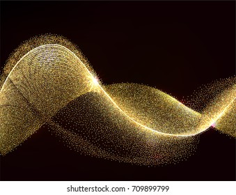 Abstract Gold Strips Design. Shiny golden moving lines design element with glitter effect on dark background for Business card. Vector Illustration