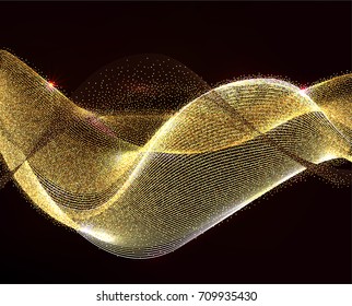 Abstract Gold Strips Design. Shiny golden moving lines design element with glitter effect on dark background for Business card. Vector Illustration