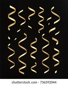 Abstract Gold Strips Design. Shiny golden moving ribbons design element on dark background for Business xmas postcard. Vector Illustration