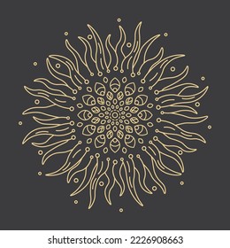 Abstract gold sun that looks like a sunflower vector illustration for tattoo, print design, decoration. Drawing in trendy minimal thin line style isolated on dark background.