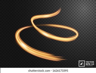 Abstract gold swirl line of light with a transparent background, isolated and easy to edit