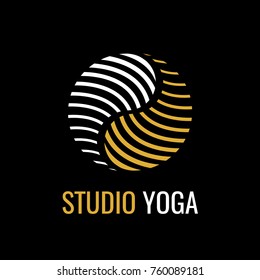 Abstract gold symbol Yin Yang on black background. Vector logo for studio yoga or vegan cafe. symbol of harmony and balance.