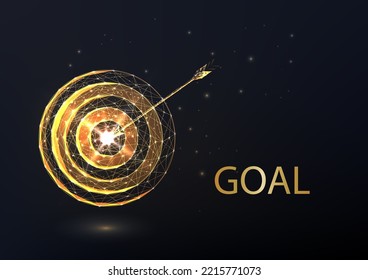 Abstract gold target as symbol of business goal isolated on black background. Marketing concept. Futuristic glowing low polygonal style, Modern wireframe design vector illustration