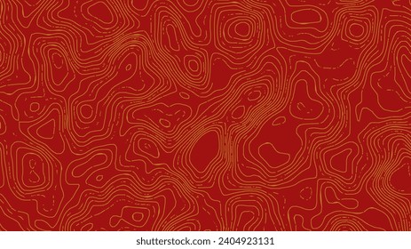 Abstract gold topographic lines on a red background. Golden line waves topographical design. Geographic mountain contours Vector Illustration