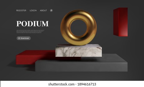 Abstract gold torus on luxury mock up stage. Platform vector 3d render podium.