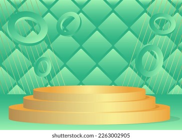 Abstract Gold Turquoise Mockup product vector 3D room. Realistic cylinder pedestal podium display, empty scene. Minimal stage showcase for presentation. Futuristic Sci-fi geometric forms.