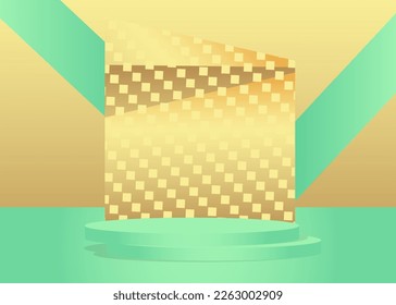 Abstract Gold Turquoise Mockup product vector 3D room. Realistic cylinder pedestal podium display, empty scene. Minimal stage showcase for presentation. Futuristic Sci-fi geometric forms.