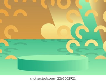 Abstract Gold Turquoise Mockup product vector 3D room. Realistic cylinder pedestal podium display, empty scene. Minimal stage showcase for presentation. Futuristic Sci-fi geometric forms.