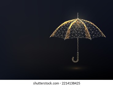 Abstract gold umbrella as symbol of protection, insurance isolated on black background. Security, life insurance concept. Futuristic glowing low polygonal style, Modern design vector illustration. 