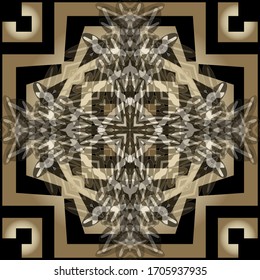 Abstract gold vector seamless pattern. Ornamental radial shapes background. Fractal line art tracery beautiful ornament. Textured geometric repeat backdrop. Modern greek style fractals golden design.