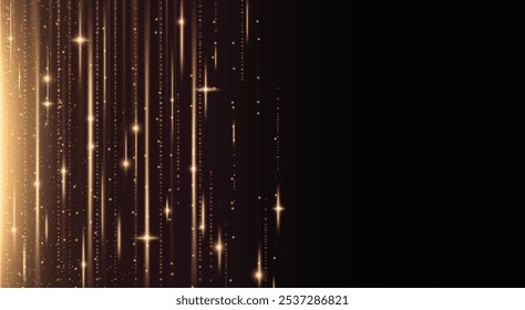 Abstractas línea de destellos de Vertical de oro con fondo de efecto de resplandor. La partícula mágica estalló con el rayo de luz y el brillo de brillo. Cortina brillante de la noche de lujo para el Anuncio del club nocturno. Gráfico de marco de cadena lateral