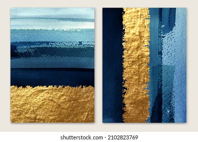 Resumen de arte de pared de oro diptych. Tonos dorados brillantes y azules. Atracciones de pincel de color de agua. Diseño de lujo para estampados de tela en la pared, afiche, decoración casera, cubierta, papel pintado.