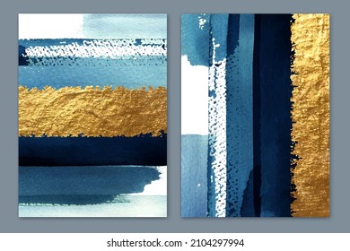 Abstract gold wall art diptych. Golden shiny and blue shades stripes. Watercolor brush strokes. Luxury design for wall canvas prints, poster, home decor, cover, wallpaper.