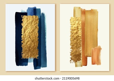 Abstract gold wall art diptych. Golden shiny, beige, ivory and blue shades stripes. Watercolor brush strokes. Luxury design for wall canvas prints, poster, home decor, cover, wallpaper.