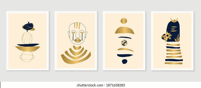 Abstract gold wall arts vector collection.  Earth tones organic shape Art design for poster, print, cover, wallpaper, Minimal and  natural wall art. Vector illustration.