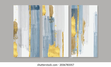 Abstract gold wall arts vector collection.  Triptych wall art vector. Luxury Watercolor paintbrush art design for wall framed prints, canvas prints, poster, home decor, cover, wallpaper.