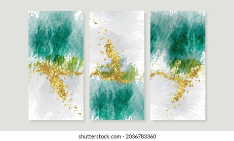 Resumen de colección vectorial de artes murales de oro.  Vector de arte de pared tríptico. Diseño artístico de pincel acuarela de lujo para impresiones enmarcadas en pared, impresiones de lona, afiche, decoración casera, cubierta, papel pintado.