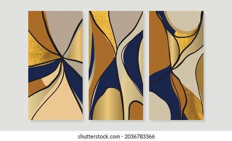 Resumen de colección vectorial de artes murales de oro.  Vector de arte de pared tríptico. Diseño artístico de pincel acuarela de lujo para impresiones enmarcadas en pared, impresiones de lona, afiche, decoración casera, cubierta, papel pintado.