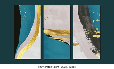 Resumen de colección vectorial de artes murales de oro.  Vector de arte de pared tríptico. Diseño artístico de pincel acuarela de lujo para impresiones enmarcadas en pared, impresiones de lona, afiche, decoración casera, cubierta, papel pintado.