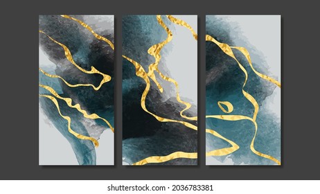 Resumen de colección vectorial de artes murales de oro.  Vector de arte de pared tríptico. Diseño artístico de pincel acuarela de lujo para impresiones enmarcadas en pared, impresiones de lona, afiche, decoración casera, cubierta, papel pintado.
