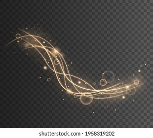 Resumen de elementos de diseño de ondas doradas con efecto de brillo sobre el fondo oscuro.