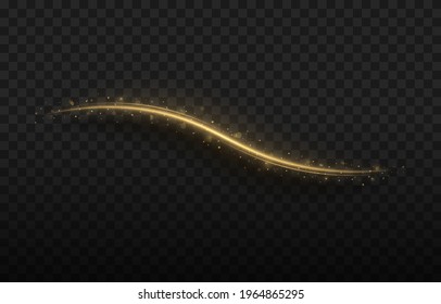 Abstract gold wave design element with glitter effect on dark background.