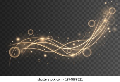 Abstract gold wave design element with glitter effect on dark background.