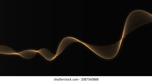 Resumen de elementos de diseño de ondas doradas con efecto de brillo sobre el fondo oscuro. La luz mágica sigue la decoración de navidad abstracta.