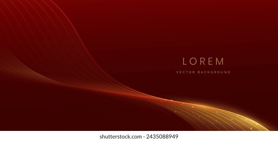 Líneas de onda de oro abstracto brillando sobre fondo rojo con espacio de copia para texto. Diseño de lujo. Ilustración de vector