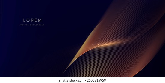 Abstract gold wave lines glowing on dark blue background with copy space for text. Luxury design style. Vector illustration