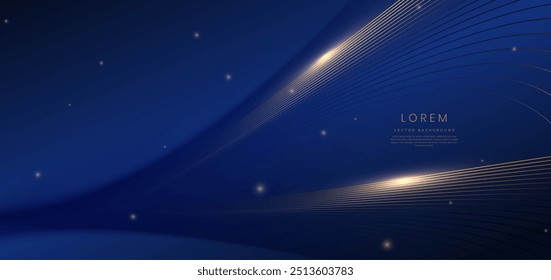 Abstractas líneas de onda de oro que brillan sobre fondo azul oscuro con espacio de copia para texto. Estilo de diseño de lujo. Ilustración vectorial