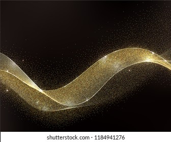 Abstract Gold Waves Design. Shiny golden moving strips design element with glitter effect on dark background for xmas christmas card. Vector Illustration