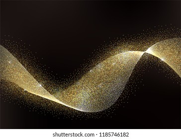 Abstract Gold Waves Design. Shiny golden moving strips design element with glitter effect on dark background for xmas christmas card. Vector Illustration