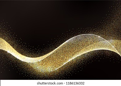 Diseño de Olas de Oro abstractas. Brillantes tiras doradas en movimiento elemento de diseño con efecto brillante en el fondo oscuro para la tarjeta navideña. Ilustración vectorial