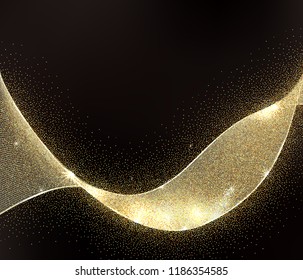 Abstract Gold Waves Design. Shiny golden moving strips design element with glitter effect on dark background for xmas christmas card. Vector Illustration