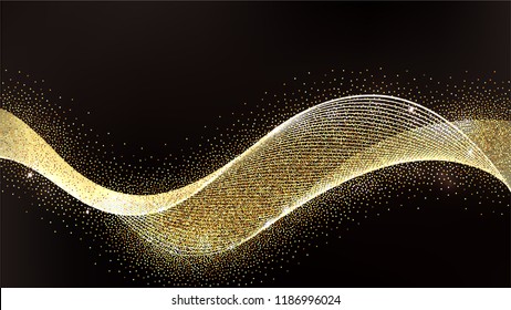 Abstract Gold Waves Design. Shiny golden moving strips design element with glitter effect on dark background for xmas christmas card. Vector Illustration