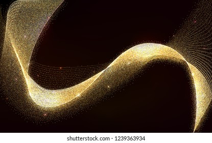 Abstract Gold Waves Design. Shiny golden moving strips design element with glitter effect on dark background for xmas christmas card. Vector Illustration