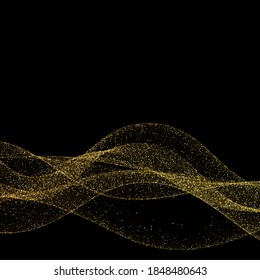 Abstract Gold Waves Design. Shiny golden moving strips design element with glitter effect on dark background for xmas christmas card. Vector Illustration