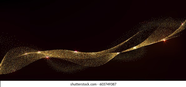 Abstract Gold Waves Design. Shiny golden moving lines design element with glitter effect on dark background for Business card. Vector Illustration EPS10