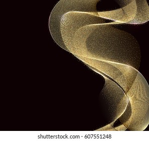 Abstract Gold Waves Design. Shiny golden moving lines design element with glitter effect on dark background for Business card. Vector Illustration