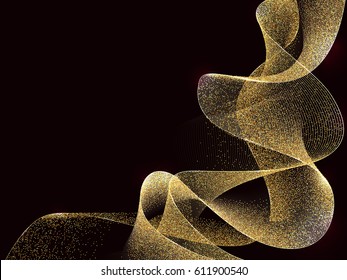 Abstract Gold Waves Design. Shiny golden moving lines design element with glitter effect on dark background for Business card. Vector Illustration