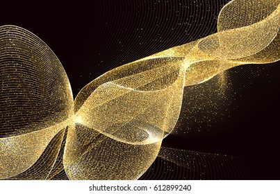 Abstract Gold Waves Design. Shiny golden moving lines design element with glitter effect on dark background for Business card. Vector Illustration