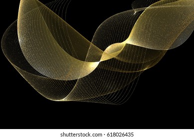 Abstract Gold Waves Design. Shiny golden moving lines design element with glitter effect on dark background for Business card. Vector Illustration