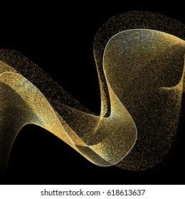 Abstract Gold Waves Design. Shiny golden moving lines design element with glitter effect on dark background for Business card. Vector Illustration