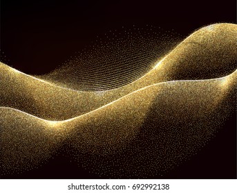 Diseño de Olas de Oro abstractas. Luminoso elemento de diseño de líneas de movimiento doradas con efecto brillante en el fondo oscuro para tarjeta de visita. Ilustración vectorial