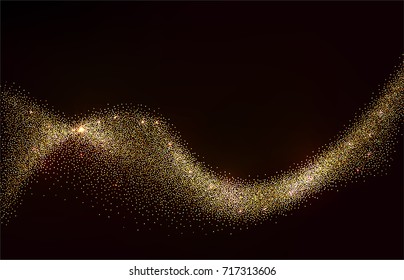 Abstract Gold Waves Design. Shiny golden moving sparkle design element with glitter effect on dark background for Business card. Vector Illustration