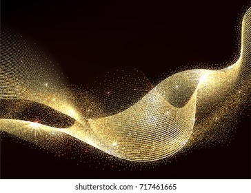 Abstract Gold Waves Design. Shiny Golden Moving Ribbon Design Element With Glitter Effect On Dark Background For Business Card. Vector Illustration