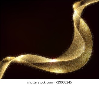 Abstract Gold Waves Design. Shiny golden moving strips design element with glitter effect on dark background for Business card. Vector Illustration