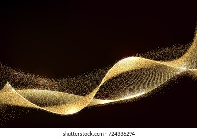 Design de ondas de ouro abstrato. Brilhante dourado brilhante elemento de design de tiras com efeito de glitter no fundo escuro para cartão de visita. Ilustração vetorial